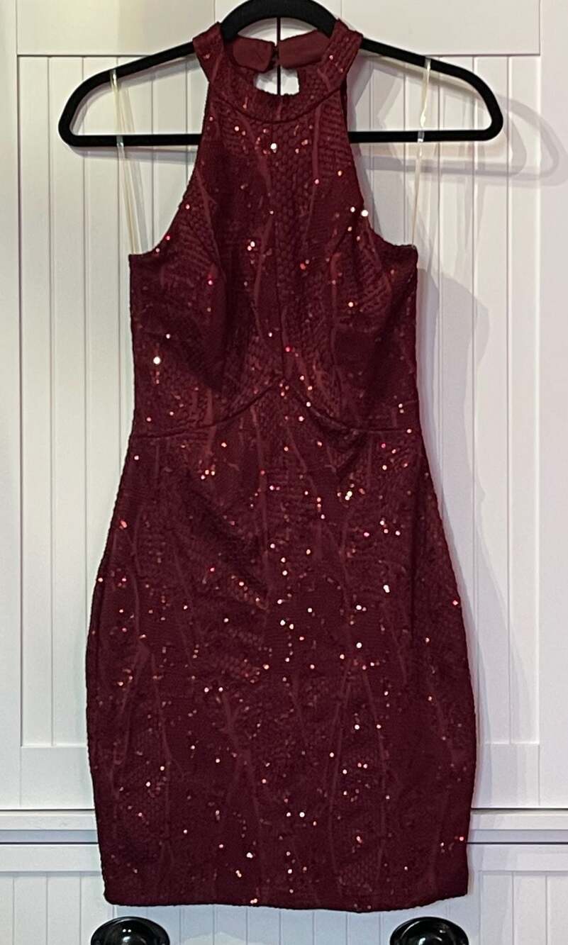 Charlotte Russe Women's Wine Sequin Textured Halter Mini Dress - Size Small